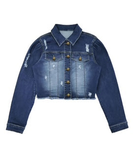 Fal Women's Solid Button Front Ripped Raw Hem Cropped Denim Jacket