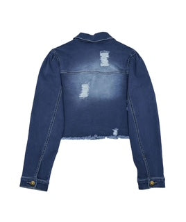 Fal Women's Solid Button Front Ripped Raw Hem Cropped Denim Jacket